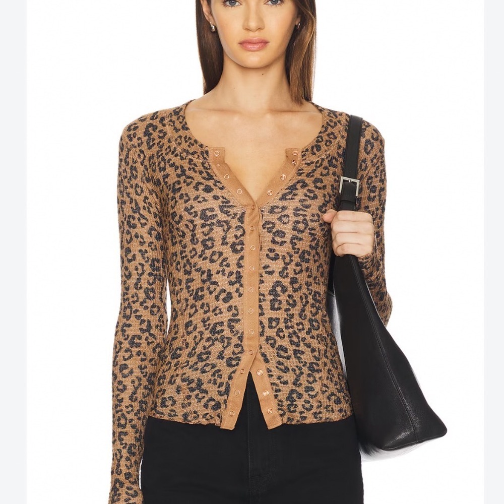 Free People Going Places Cardi Top Leopard Print Brown Large